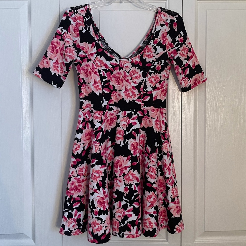 Black and pink floral Bethany Mota mini dress